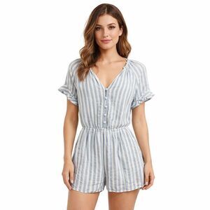 Paige Romper Womens Small Blue White Stripe Short Sleeve Button Front One Piece